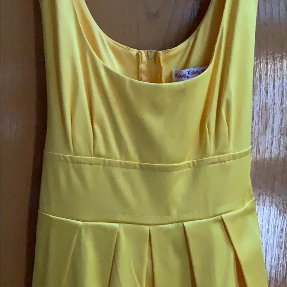 Wishes Satin Dress Yellow Empire Pleated Skirt - Picture 3 of 6